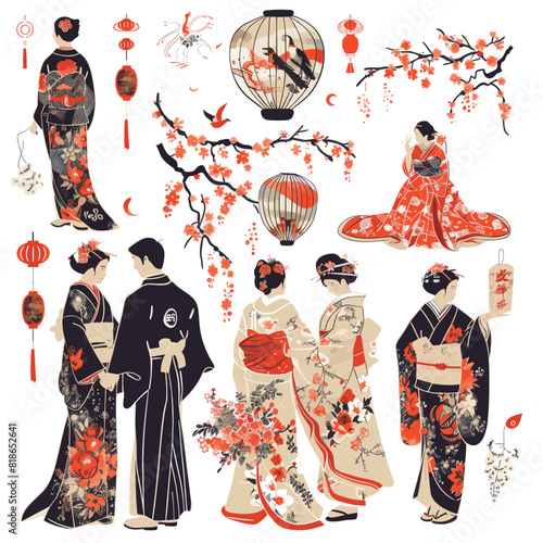 A collection of Japanese women in kimonos and fans. The women are dressed in various styles and poses, with some holding umbrellas and others holding fans.