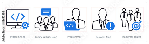 A set of 5 Seo icons as programming, business dicussion, programmer