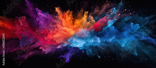 Freeze motion of multicolored glitter texture splattering in an abstract powder explosion on a black background creating a vibrant copy space image