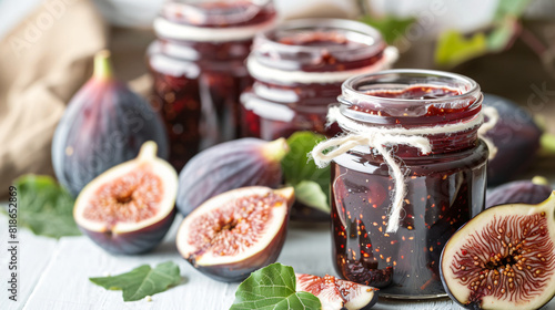 Jars of sweet fig jam on white wooden table