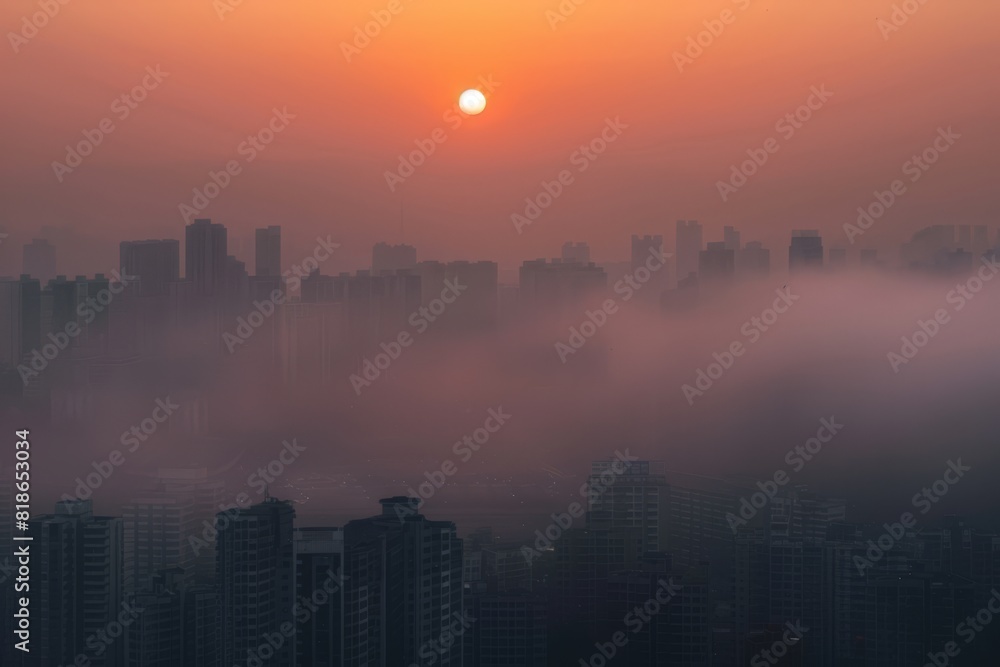 Hazy Skyline at Dusk: A Dramatic Sunset Obscured by Air Pollution