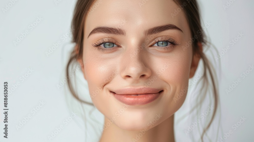 Beautiful woman's skin care makes her look young, fresh, smiling woman with perfect makeup on white background. Beautiful woman's skin care makes her look young, fresh, smiling woman with perfect makeup on white background.