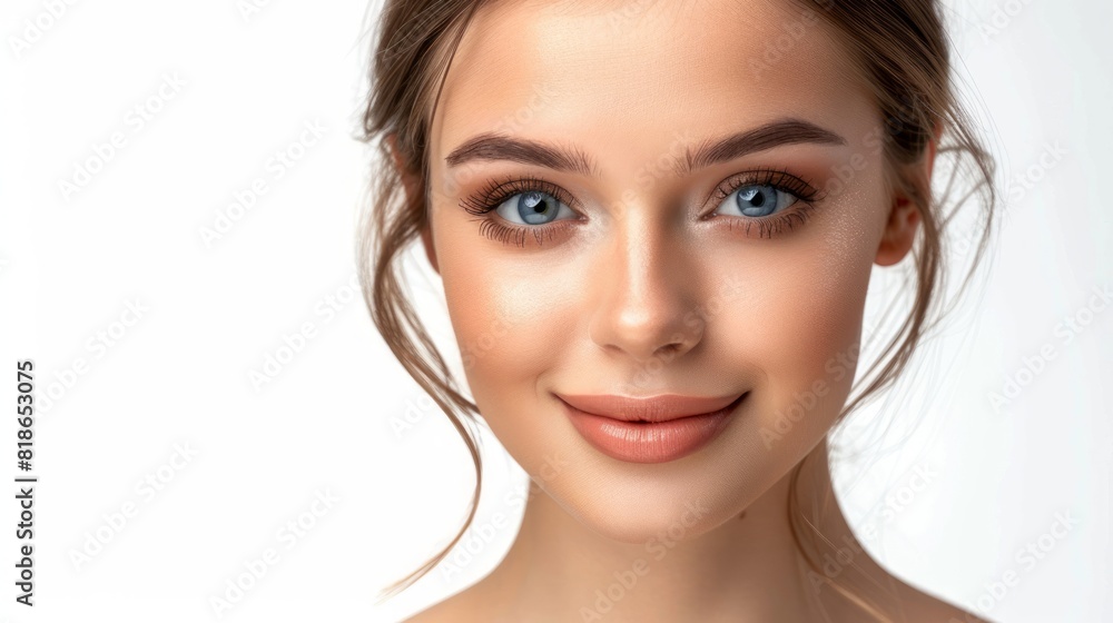 Beautiful woman's skin care makes her look young, fresh, smiling woman with perfect makeup on white background. Beautiful woman's skin care makes her look young, fresh, smiling woman with perfect makeup on white background.