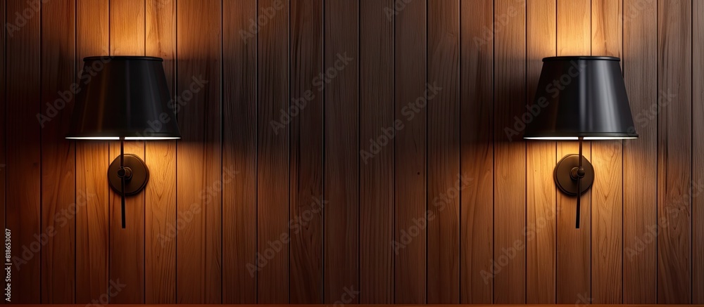Indoor copy space image of two sleek black lamps elegantly mounted on a wooden wall Indoor copy space image of two sleek black lamps elegantly mounted on a wooden wall