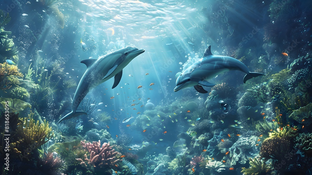 Naklejka premium Dolphins Swimming in Vibrant Coral Reef