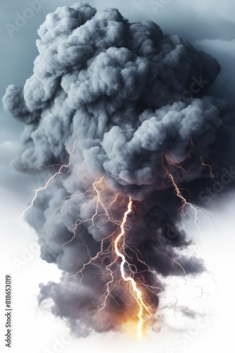  A cloud of smoke with lightning on white background, Dramatic Thunderstorm Clouds with Lightning Strikes