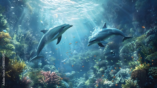 Dolphins Swimming in Vibrant Coral Reef