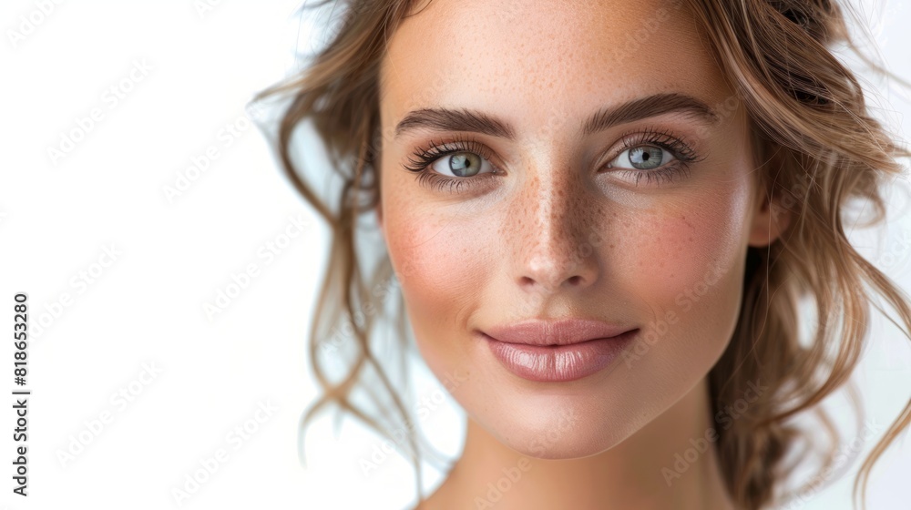 Obraz premium Beautiful woman's skin care makes her look young, fresh, smiling woman with perfect makeup on white background.