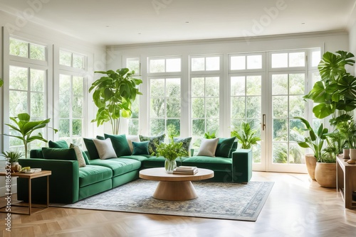 Spacious sunlit room featuring lush green plants and stylish  eco-conscious decor.