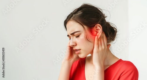 A young American woman with ear pain against on a white background