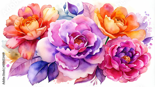 watercolor purple  pink  and orange flowers 