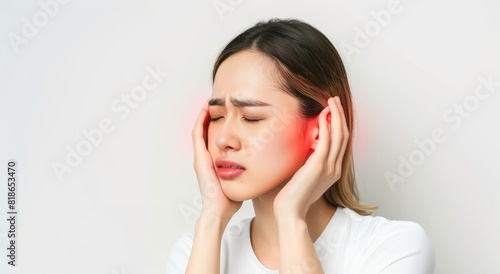 A young Japanese woman with ear pain against on a white background