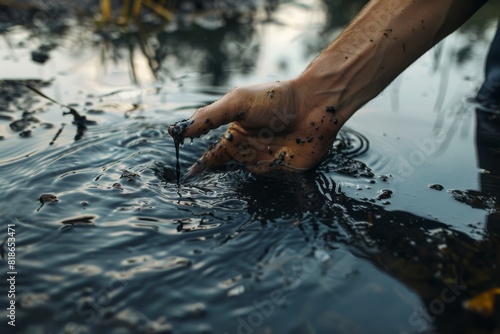 Hand Scooping Polluted Water From a Contaminated Water Source at Dusk