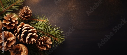 A festive greeting card featuring Christmas pinecones and a fir tree with a copy space image for personalization