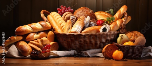 A copy space image features a delectable assortment of bakery products displayed in a wicker basket on a table