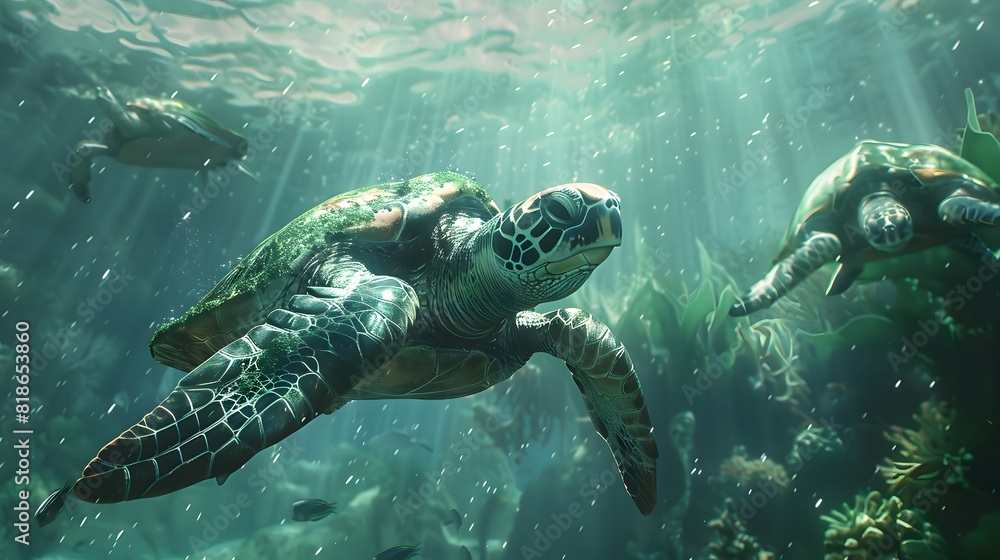 Fototapeta premium Sea Turtles Swimming Underwater in Sunlight