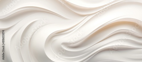 A close up image of a cream moisturizer with a wavy texture is showcased on a white background offering a copy space image in a horizontal banner format It is a beauty product for skin care 148 charac photo
