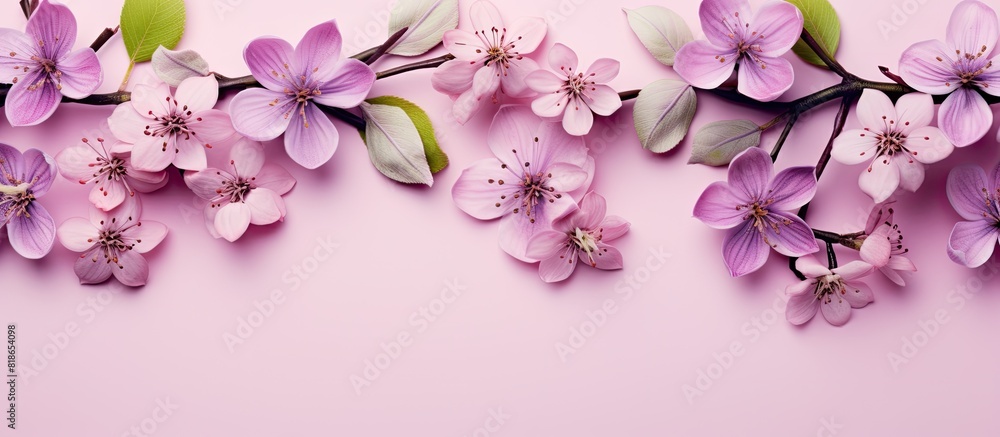 A creative trend composition of apple flowers with violet leaves on a pink paper background The flat lay top view showcases a floral pattern creating a layout that resembles a greeting card The paste