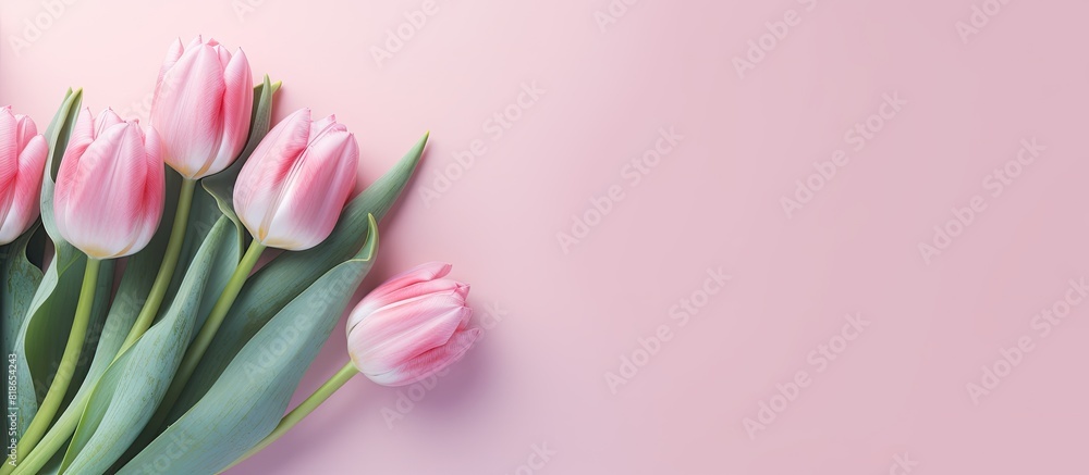 A pink tulip bouquet rests on a pastel background symbolizing occasions like Mother s Day Valentine s Day and birthdays It evokes a greeting card vibe with ample empty space for text as seen from a to