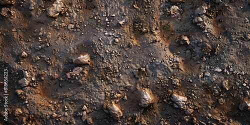 Rocky, dirt-covered area with scattered rocks. Natural landscape concept