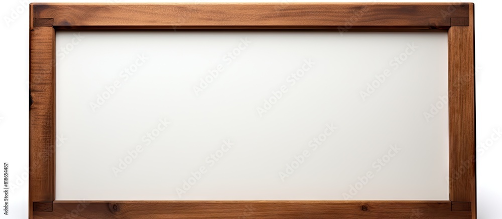 A wooden frame stands alone isolated against a white background invitingly offering a space for customized images or text. with copy space image. Place for adding text or design