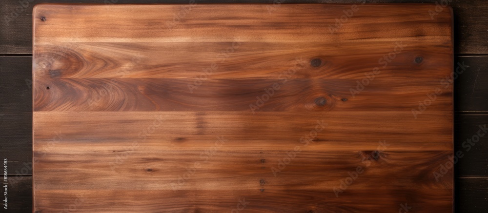 A copy space image of a wooden cutting board placed on a vintage dark wood countertop captured from the top perspective A copy space image of a wooden cutting board placed on a vintage dark wood countertop captured from the top perspective