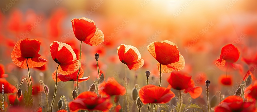 Fototapeta premium Summer flowers in a poppy field with a close up of vibrant red poppies illuminated by sunlight creating a natural background Perfect for a copy space image