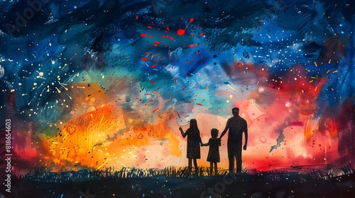 Crayon art of a family celebrating Independence Day with fireworks