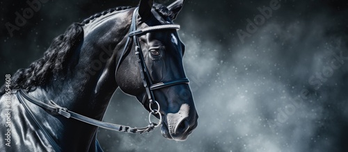 During the dressage competition a black horse and its rider are captured in a portrait They showcase their skill and precision while performing an advanced dressage test The image provides ample copy