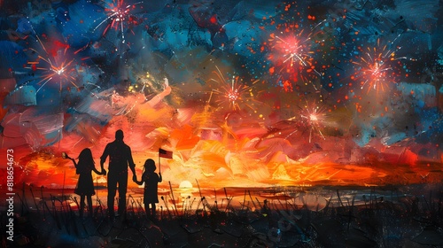 Crayon art of a family celebrating Independence Day with fireworks.