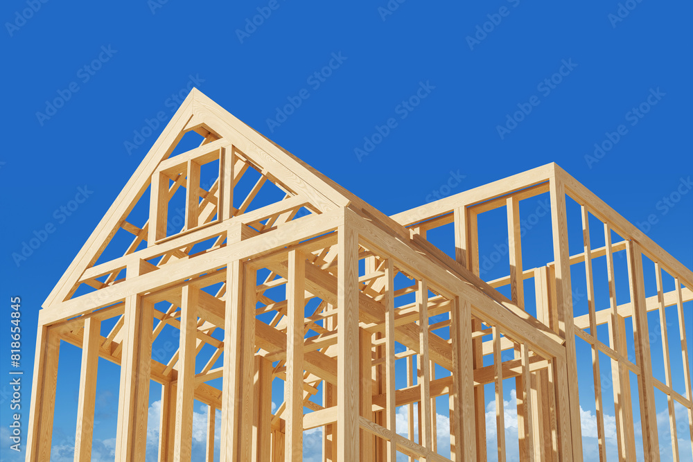 Obraz premium Wooden house frame under construction on a bright blue sky background, concept of home building. 3D Rendering.
