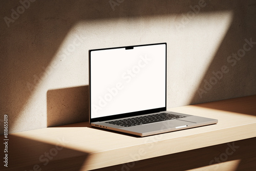 Apple MacBook Pro on the wooden desk on a plaster background photo