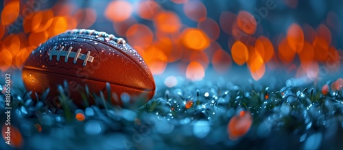 Close-up of an American football with water droplets on grass, vibrant bokeh background. Perfect for sports, competition, and outdoor themes.