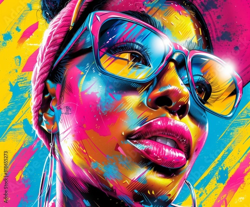 Colorful digital art portrait of a woman with glasses and headwear, vibrant pop art style with dynamic brush strokes.