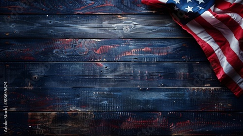 Vibrant American Flag Draped Over Dark Wooden Texture - Patriotic Background. copy space concept independence day