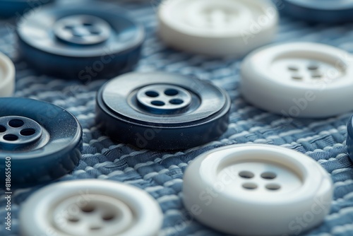 A close up of a bunch of blue and white buttons arranged in a geometric pattern, showcasing the variety of colors and shapes