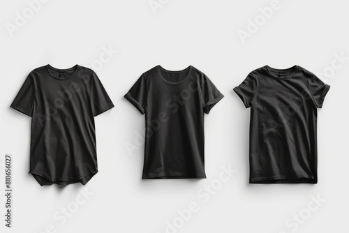 Three black sleeveless tee mockups displayed in front, back, and side views hanging on a wall