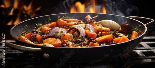 A kitchen mishap resulted in burnt and charred vegetables The frying pan contains refried black onion and overcooked orange carrots The image represents the concept of a failed cooking attempt with c