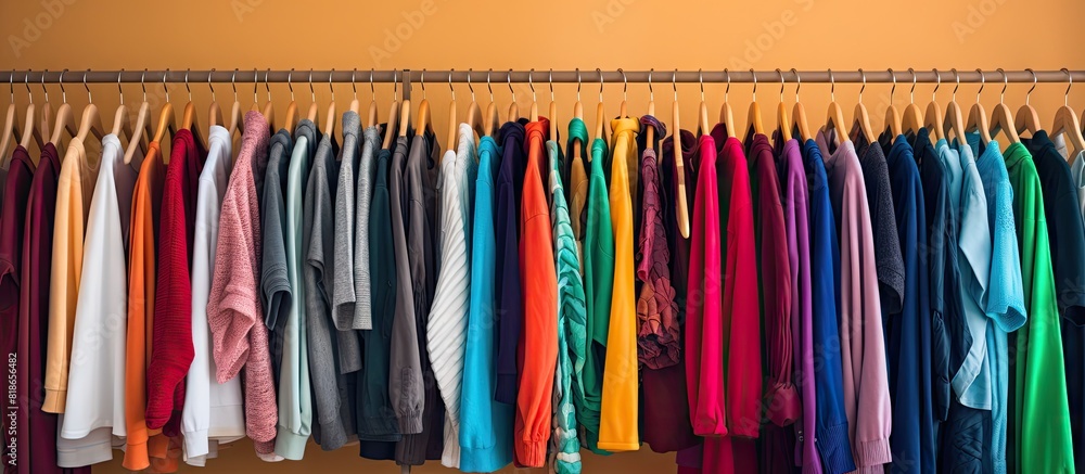 Fashion clothing displayed on hangers at a clothing store exhibit serving as an interior element The image represents a mix of shopping and fashion style and includes space for copy text
