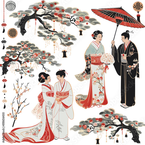 A collection of Japanese women in kimonos and fans. 