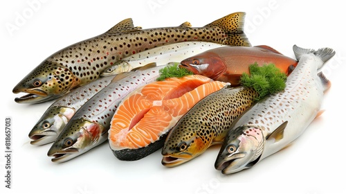 Fresh fish market high quality close up photography of seafood on white background with empty space