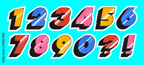 Number set colorful 3d style modern typography for game, poster, birthday, decoration, animation, t shirt, racing, promotion, banner, printing. Cool font. Vector 10 eps