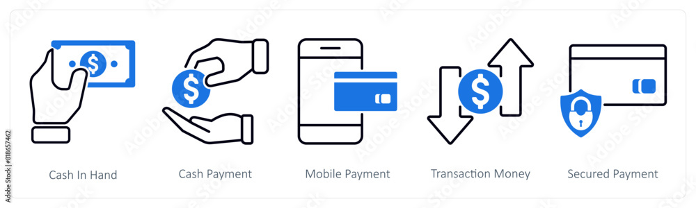 A set of 5 Shopping icons as cash in hand, cash payment, mobile payment A set of 5 Shopping icons as cash in hand, cash payment, mobile payment