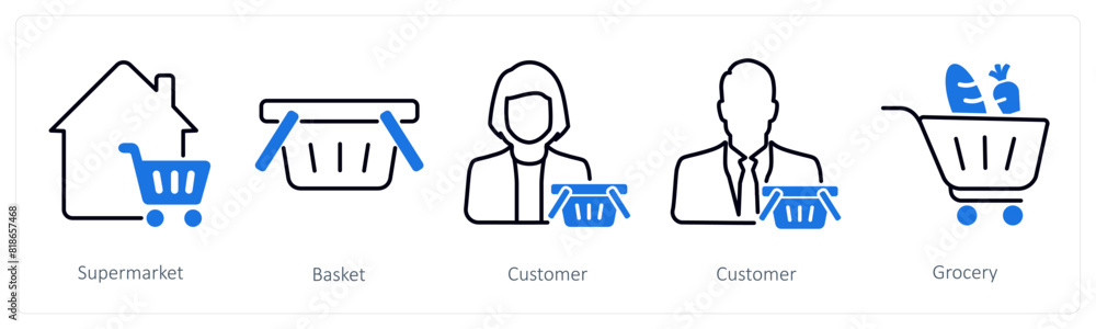 A set of 5 Shopping icons as supermarket, basket, customer