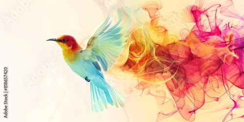a colorful bird flying over a white background with a lot of smoke