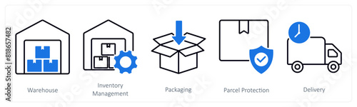 A set of 5 Shopping icons as warehouse, inventory management, packaging