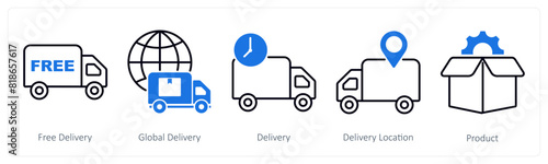 A set of 5 Shopping icons as free delivery, global delivery, delivery