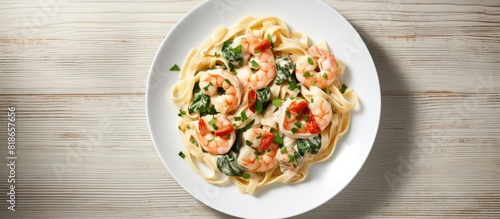 Top view copy space image of Italian pasta featuring shrimp fettuccine with a creamy Alfredo sauce