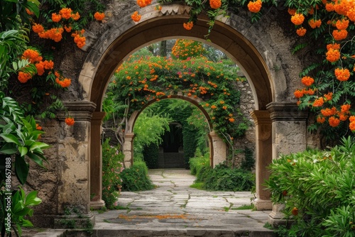 A wide-angle view of an ancient stone archway adorned with vibrant orange blossoms growing over it