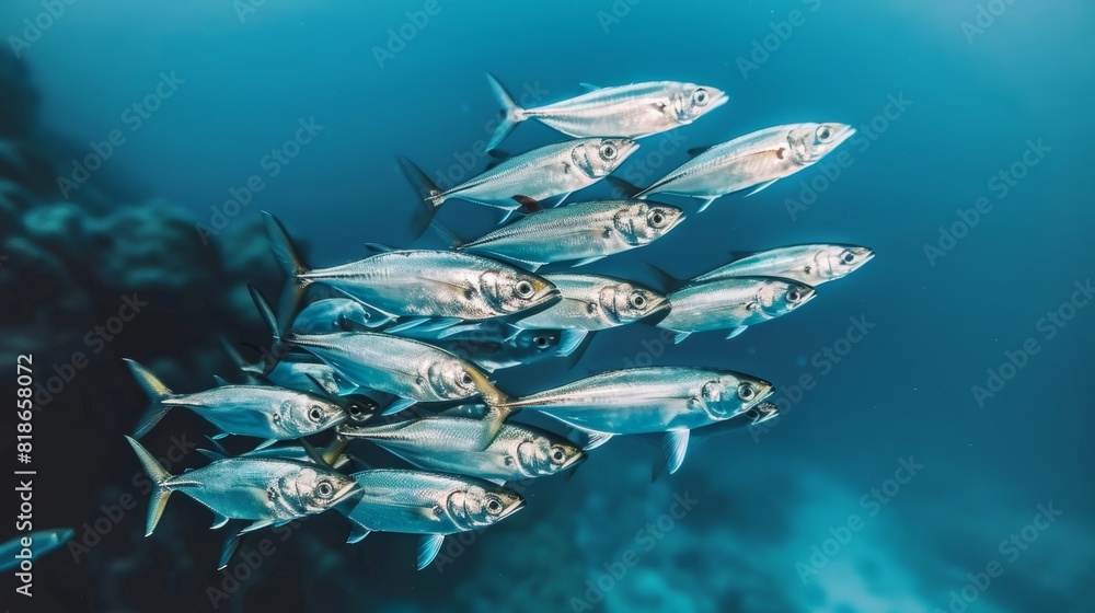 Naklejka premium Underwater close up photography high quality image of a school of sardines in clear light